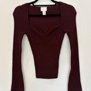 H&M Ribbed Square-Neck Long Sleeve Top in Burgundy